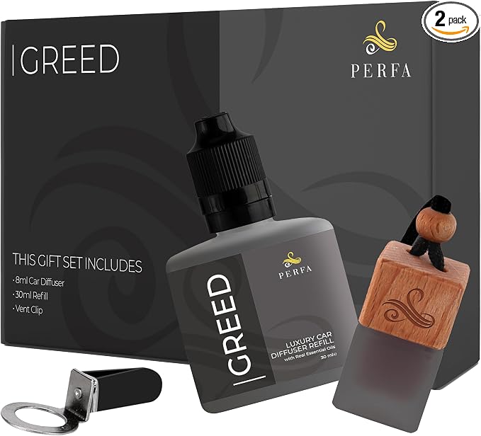 Greed Gift Set with Refill Bottle | Perfume Inspired Car Fragrances | Strong Car Freshener with Odor Eliminator Technology | Greed Automotive Freshener by