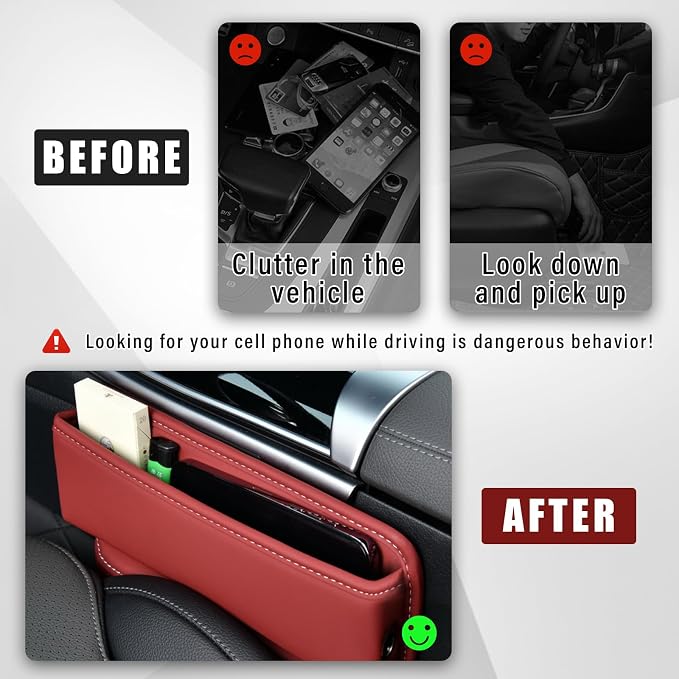 Car Seat Gap Organizer, Premium Leather Auto Seat Storage Box, Vehicle Adjustable Front Seat Gap Filler, Car Seat Side Pocket Organizer for Phones, Glasses, Keys, Money, Cards (Red)