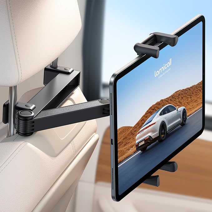 Car Headrest Tablet Holder - [Lockable] [Thick Case Friendly] [Foldable Clip] Car Backseat Tablet Mount, Gifts Car Accessories for Kids, for iPad Pro, Air, Mini, Fire HD, 4.7-13" Tablets