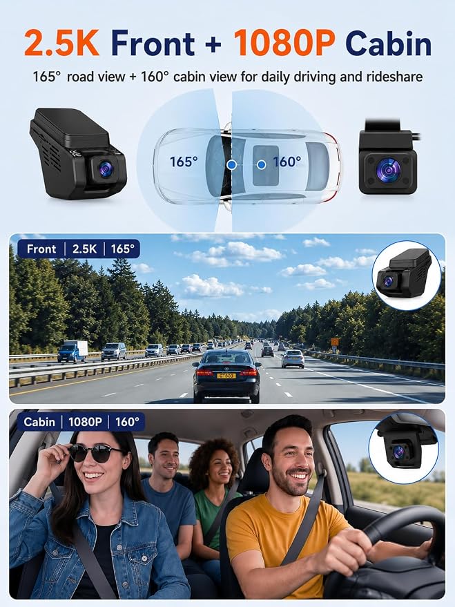 Dash Cam Front and Inside, 2.5K+1080P Dual Hidden Camera for Cars, Car Camera Front and Interior with Night Vision, 4 IR LEDs, G-Sensor, 24H Parking Mode, Loop Recording, 32GB Card Included
