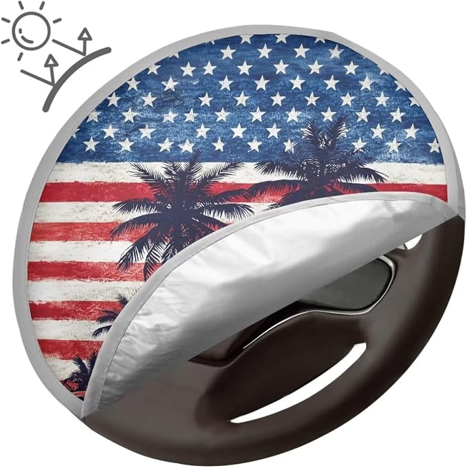 American Flag Palm Tree Steering Wheel Cover Sunshade Easy to Install Steering Wheel Sun Shade Cover Block UV Rays Car Interior Accessories for Sun Heat Fit Most Car