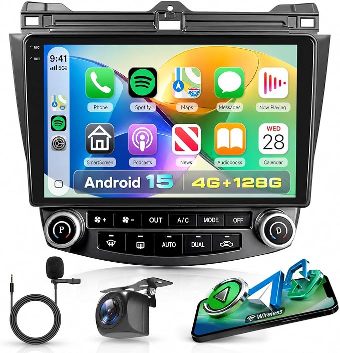 4G+128G Android 15 Car Radio Wireless Carplay for Honda Accord 2003-2007, Car Stereo Andorid auto Mirror Link 10'' HD Touchscreen GPS WiFi Bluetooth 5.0 FM/RDS EQ-32 SWC Backup Camera