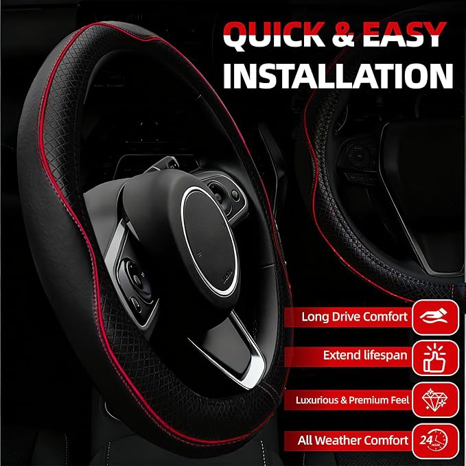 6 PCS Car Steering Wheel Cover Set, Microfiber Leather Steering Wheel Covers Universal 14.5-15 inch, Center Console Cover, Seat Belt Cushion, Cup Holder Coaster, Car Accessories Set Red
