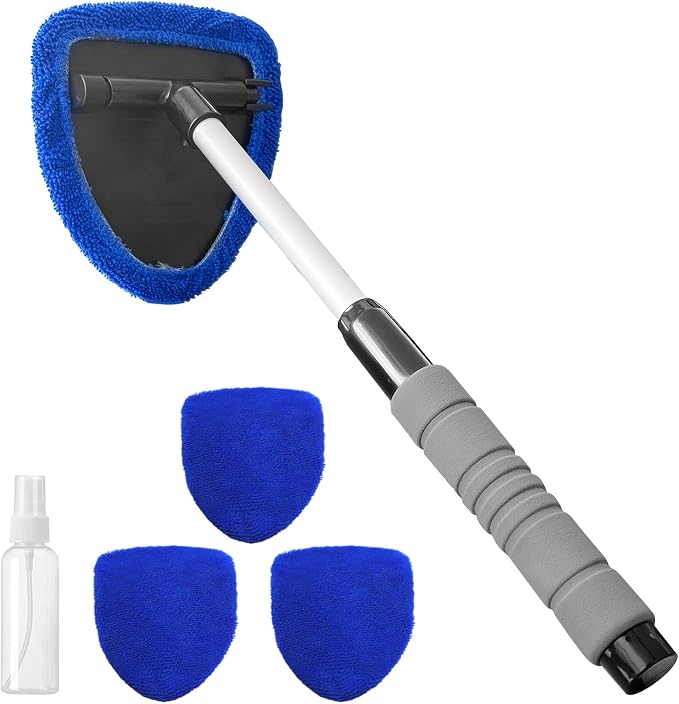 19" Extra-Long Windshield Cleaner Tool, Auto Glass Wiper Brush Kit | Car Interior Detailing Cleaning Kit with Extendable Handle and 4 Reusable Microfiber Pads, Car Window Cleaner, for Cars