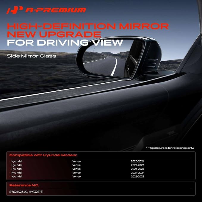 Right Passenger Side Heated Power Mirror Glass | Compatible with Hyundai Venue 2020-2025 - Exterior Side View Convex Mirror, w/o Auto Dimming Cable, with Backing Plate