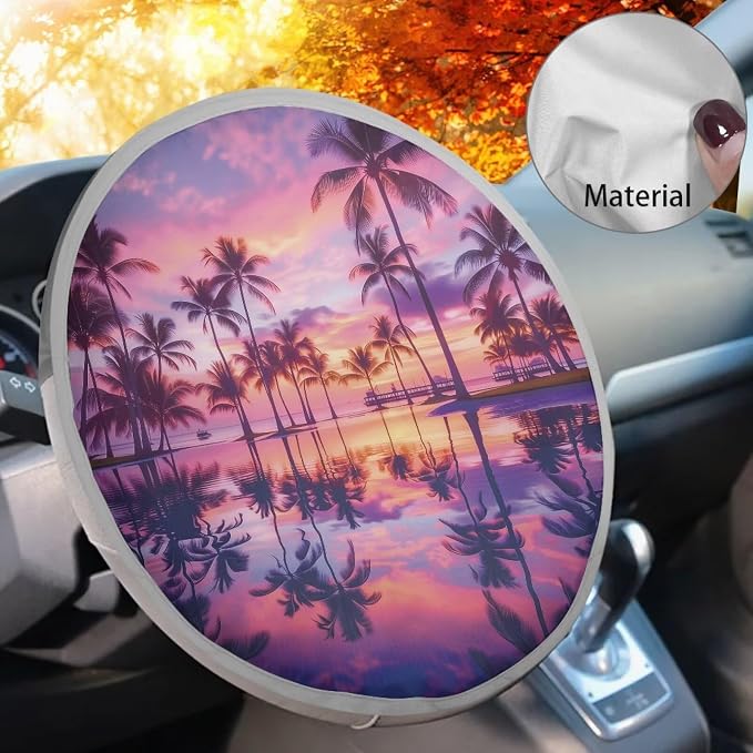 Sunset Palm Tree Steering Wheel Sunshade Car Interior Protector Sun Shade for UV Protection Removable Auto Accessories Easy Installation Universal Vehicle Accessories