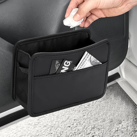 Collapsible Car Trash Can, Leather Vehicle Garbage Organizer Bin Holder with One Roll Trash Bag, Foldable Hanging Mini Cars Storage Bag Container for Auto, SUV (Black)