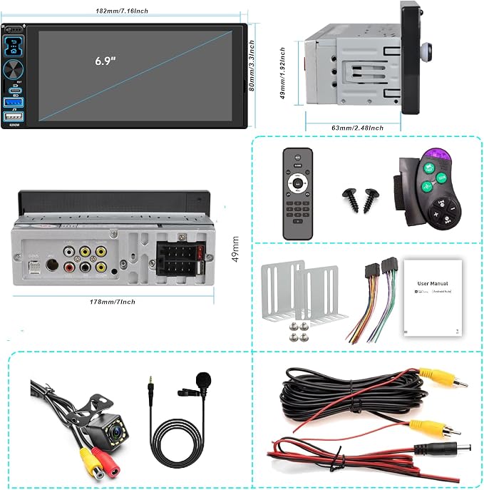 Single DIN Car Stereo Radio with Wireless Apple CarPlay & Android Auto, 6.8" IPS 1280x600 Touchscreen, Car Bluetooth 5.2, FM Radio, Backup Camera, Dual USB, EQ Audio, 180W Subwoofer Car Audio Receiver