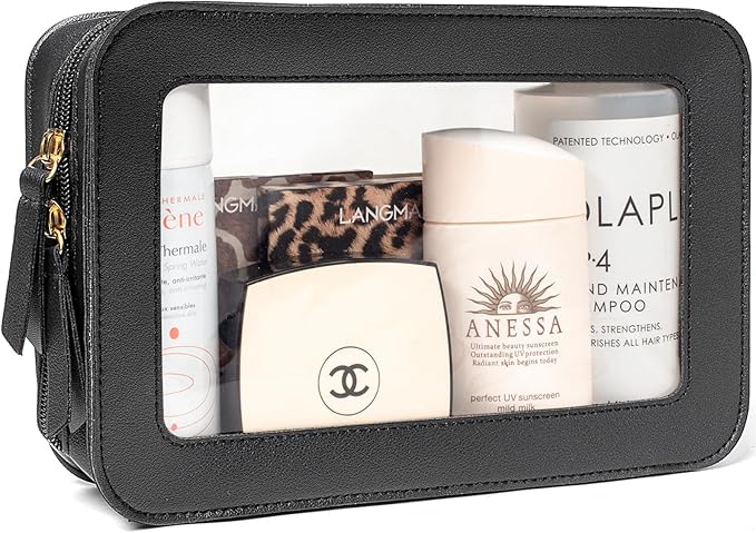 Clear Makeup Bags for Travel, TSA Approved Toiletry Bag with Zipper, Makeup Organizer Fit Carry-on Essentials, Car Accessories Organizers Storage for Women Men (Clear-Black)