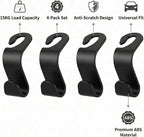 4 Pack Car Seat Headrest Hooks - Universal Back Seat Hanger for Purses, Grocery Bags, and Handbags - Stylish Black Car Organizer Hooks for Interior Storage, Easy Installation, Fits Most Vehicles