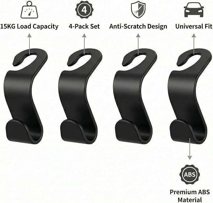 4 Pack Car Seat Headrest Hooks - Universal Back Seat Hanger for Purses, Grocery Bags, and Handbags - Stylish Black Car Organizer Hooks for Interior Storage, Easy Installation, Fits Most Vehicles