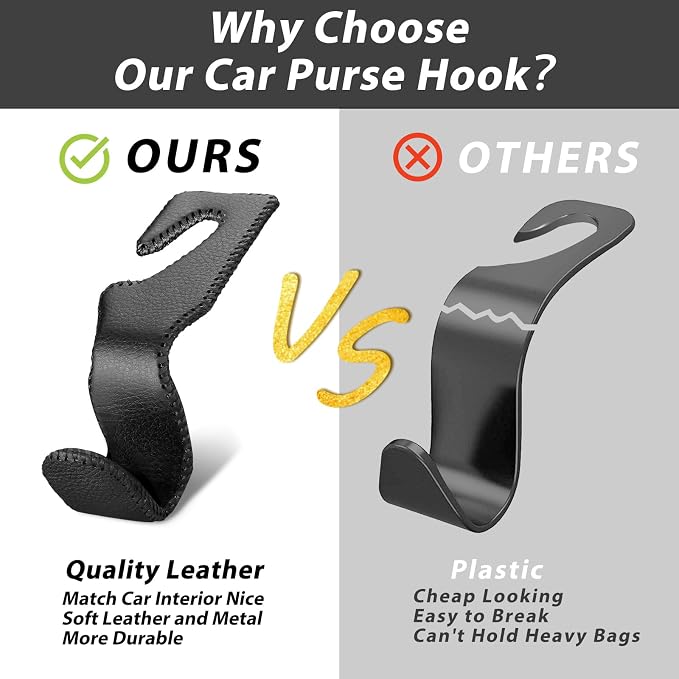 Purse Hook for Car Seat Headrest, Car Purse Holder Leather Vehicle Storage Organizer for Handbags, Groceries, 2Pack Black