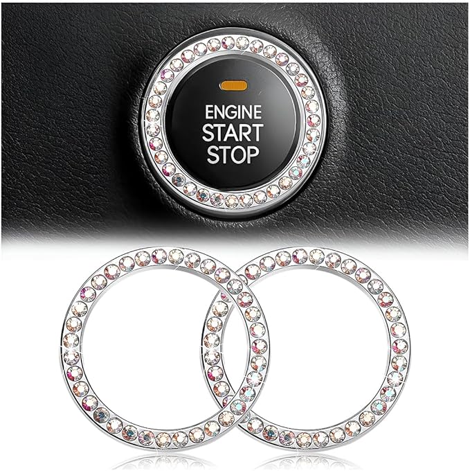 Bling Car Engine Start Ring Decals, 2PCS Crystal Rhinestone Vehicle Push Start Button Cover Sticker, Key Ignition Knob Ring, Sparkling Automotive Interior Accessories (AB Color)