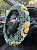 Handmade Crochet Sun Smiling face Car Steering Wheel Covers Universal 14-15 inch,Cute Steering Wheel Cover,Car Accessories (Sun Wheel Cover+2 Belt Cover)