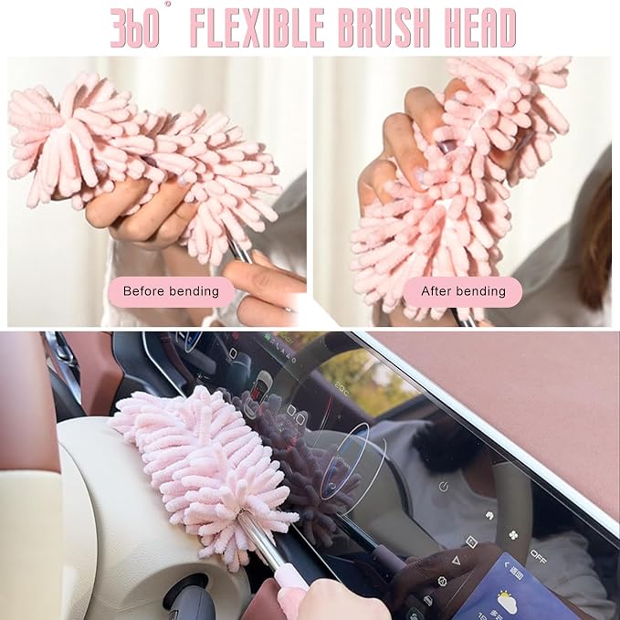 2 PCS Car Interior Duster with Extension Pole, Stretchable Chenille Vehicle Dusters with Bendable Head, Scratch Free Dusters Soft Cleaning Tool for Car Exterior & Interior (Light Green)