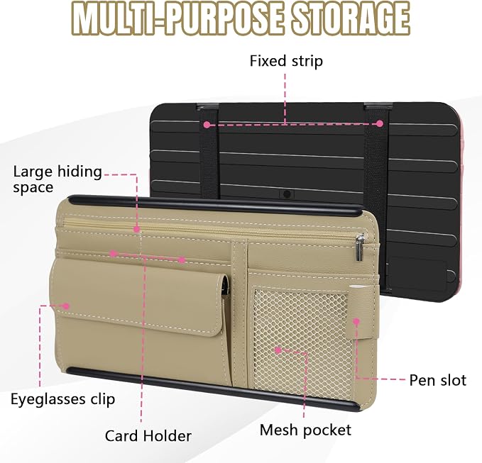 Car Visor Organizer, Leather Multi-Pocket Auto Sun Visor Storage Pouch with Sunglasses Holder, Card Holder, Zipper Pocket, Net Pocket, Pen Slot, Universal Interior Car Accessories (Beige)