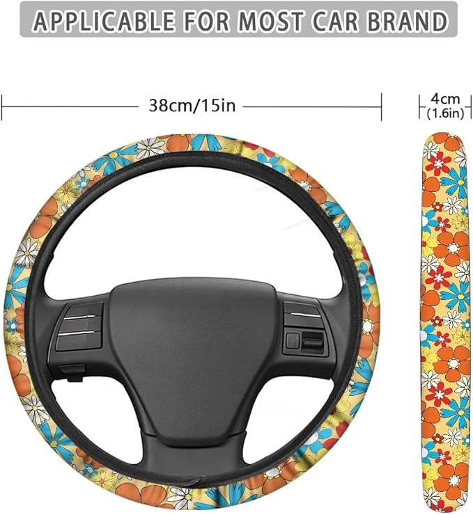 Groovy Hippie Flower Pattern Car Steering Wheel Cover with a Diameter of 15" Sports Style Auto Wheel Cover Vehicle Wheel Protector Steering Wheels Accessories for Car SUV Van Truck