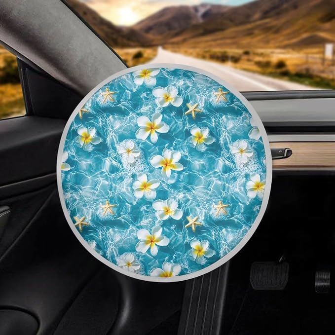 Steering Wheel Sun Shade Cover Sun Foil Anti-Heat Steering Wheel Cover Seaside Frangipani Steering Wheel Sun Heat Shield for SUV Truck Van Auto Interior Protector