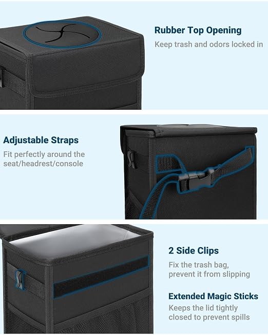 Car Trash Can with Lid, Leakproof Car Trash Bag Hanging Waterproof Automotive Garbage Can with Storage Pockets Mini Vehicle Trash Bin for Back/Front Seat(Black,3 Gallon)