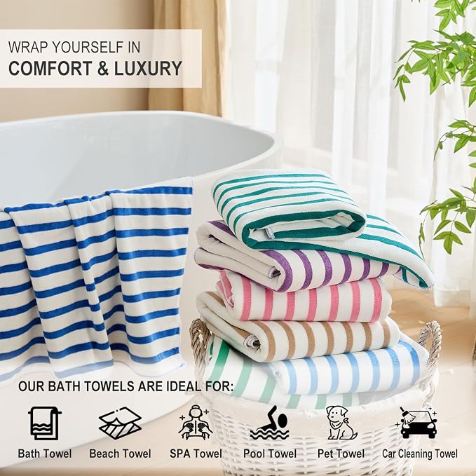Microfiber Beach Towels, 6 Pack, 30" x 60", Cabana Stripe Coffee | Hanging Loop, Absorbent, Quick Dry, For Adults, Travel, Summer Party, Sport, Swimming, Pool, Yoga, Camping