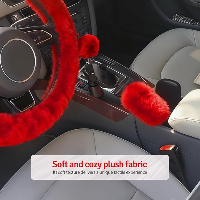 Fluffy Steering Wheel Cover 3PCS Set – Plush Fuzzy Fur Steering Wheel Cover with Gear Shift Cover & Handbrake Cover, Winter Warm Car Accessories, Car Interior Accessories for Women (RED)