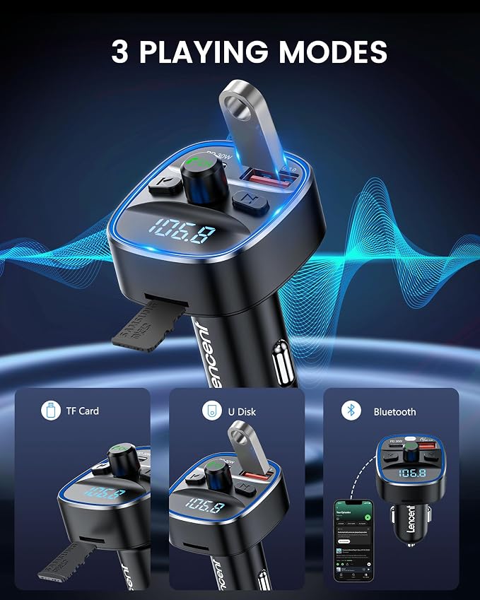 Bluetooth 5.4 FM Transmitter Car Adapter 48W [PD 30W & 18W] [7 Color Light] [Fast Charging] Wireless Radio Music Adapter Hands-Free Calling, Support USB Drive & TF Card
