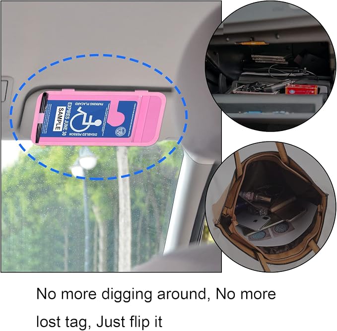 Handicap Placard Holder for Auto, Disabled Parking Permit Sign Protector for Car Sun Visor with Note Paper Slot, Pen Holder and Elastic Strap - Pink