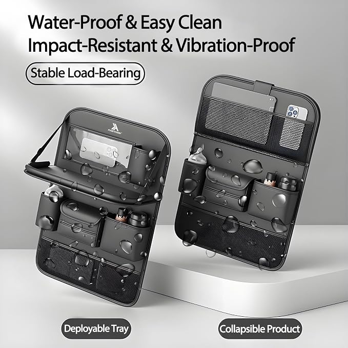 2 Pack Universal Foldable Car Backseat Organizer with Table Tray, Car Seat Back Protector with Touch Screen Phone Holder, Premium Leather Kick Mats with Storage Pockets Tissue Box (Black)