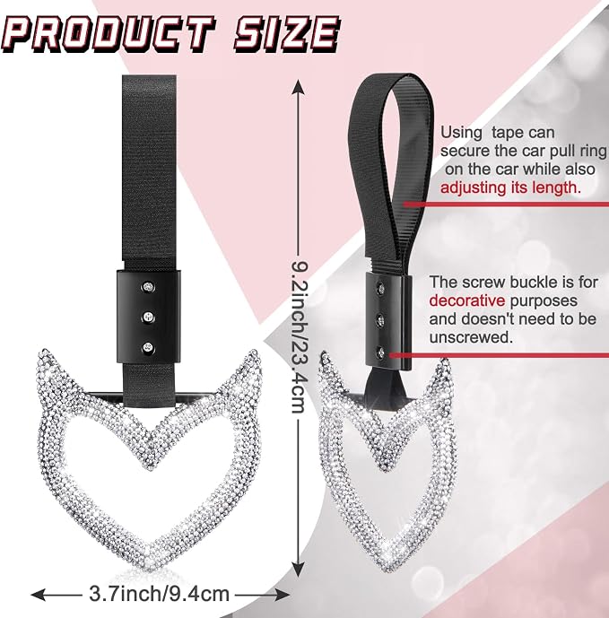 Bling Car Accessories Bling Heart Handle Ring Car Accessory for Women Heart Hand Strap Drift Charm Rear Bumper Warning Ring Decor for auto Bus Interior Exterior Decoration(White,Devil Style)