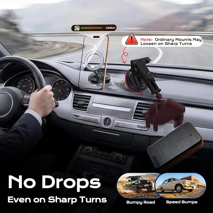 NeverDrop Magsafe Car Mount [2 Bases for Any Surface | 118+LBS Ultra Grip | 2400gf Strong Magnetic] 360° Adjustable Car Phone Holder, Phone Holders for Your Car for All Smartphones, Carbon Fiber