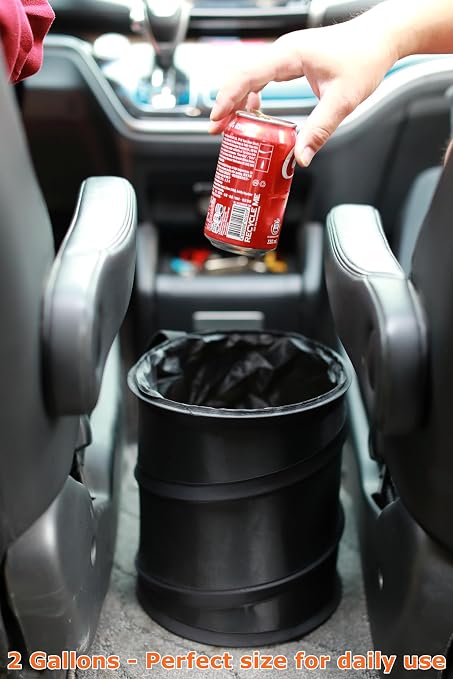 2 Gallons New Leakproof Car Trash Can, Compact Trash Can Pop-up Collapsible Hanging Car Trash Bin with Hook and Loop, Waterproof PEVA Liner Open-Top Garbage Can for Cars Home Office