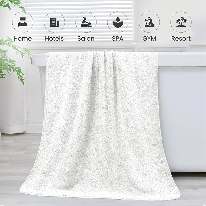 Microfiber Bath Towels Set of 2, 30 in x 60 in, Oversized, Ultra Soft, Super Absorbent, Fast Drying, No Fading Large Bathroom Towel Set for Sport, Travel, Fitness, SPA,Yoga (Coral Fleece - White)