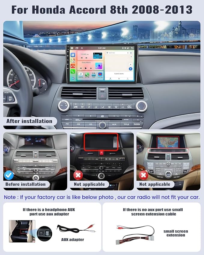 4G+128G Android Car Stereo Radio for Honda Accord 2008 2009 2010 2011 2012 2013 10.1 Inch incell Touch Screen with WiFi Bluetooth Carplay Android Auto GPS Navigation Backup Camera SWC FM RDS MIC
