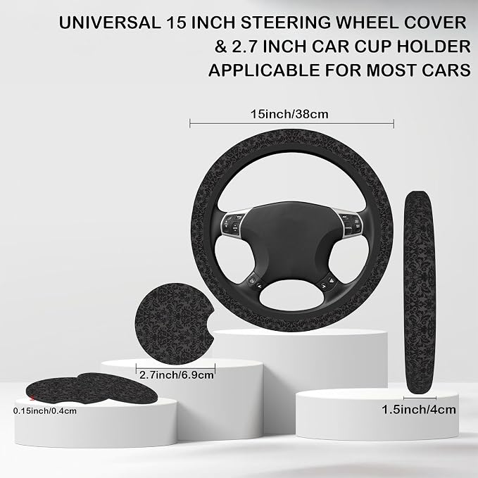Black Damask Flower Steering Wheel Cover for Women, Anti-Slip Car Steering Wheel Cover with 2 Pcs Cup Holders Neoprene Breathable Car Accessories Universal 15 Inch Auto Interior Decor