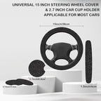 Black Damask Flower Steering Wheel Cover for Women, Anti-Slip Car Steering Wheel Cover with 2 Pcs Cup Holders Neoprene Breathable Car Accessories Universal 15 Inch Auto Interior Decor