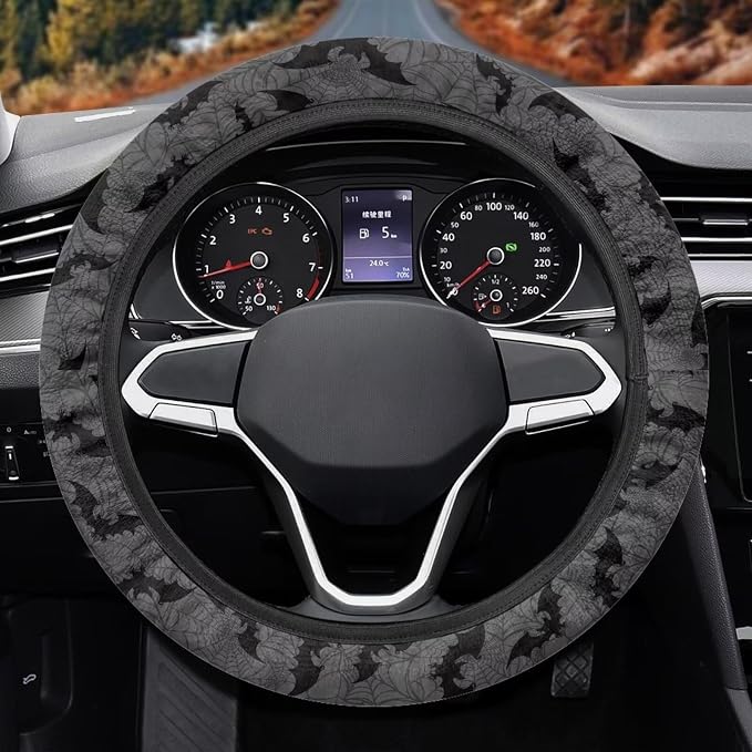 Bat Spider Web Gray Car Steering Wheel Cover for Women Men, 15 Inch Soft Neoprene Stretchy Anti-Slip Washable Halloween Car Accessories Universal Fit for Sedans SUV