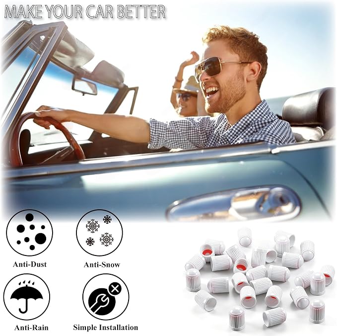 30PCS Tire Valve Stem Caps, Corrosion Resistant, with O Rubber Ring, Airtight Seal Heavy Duty Dustproof Tire Valve Stem Covers for Cars, SUV, Trucks, Bikes, Motorcycles, Bicycles(White)