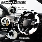 Black and White Cow Print Fuzzy Steering Wheel Cover for Women, Universal Auto Steering Wheel 14-15 Inch Soft Warm Car Interior Accessories with 2PCS Car Coasters, Suitable for Men and Women