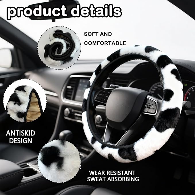 Black and White Cow Print Fuzzy Steering Wheel Cover for Women, Universal Auto Steering Wheel 14-15 Inch Soft Warm Car Interior Accessories with 2PCS Car Coasters, Suitable for Men and Women