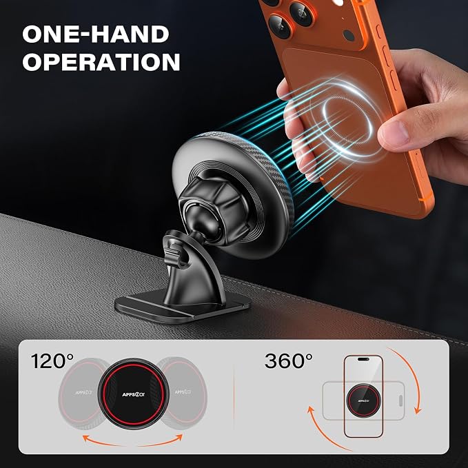 2 Pack for Magsafe Car Mount, Dashboard Magnetic Car Phone Holder | Powerful Magnetic Hold, Includes metal rings for non-MagSafe phones, One-Hand Operation, 3M VHB Adhesive, 360° Rotation