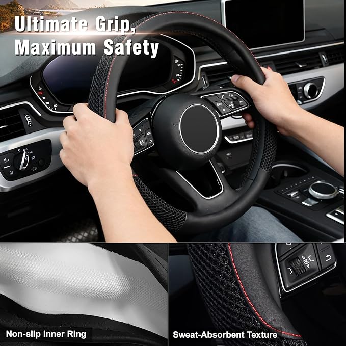 15 inch Steering Wheel Cover, Cooling Ice Silk Mesh with Microfiber Leather, Ultra Breathable, Anti Slip Car Grip, Heat Resistant Summer Cool, Universal Fit, Black