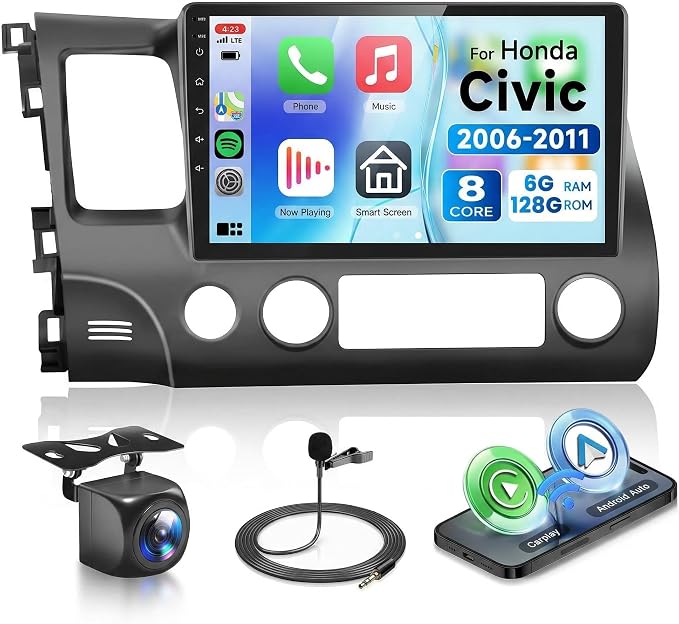 6G+128G 8Core Android 13.0 Car Stereo for Honda Civic 2006-2011 with Wireless Carplay/Android Auto, 10.1 inch 1280 * 720 Touchscreen Radio, WiFi 4G/GPS/AM/FM/DSP Audio/SWC/HD Rear Camera