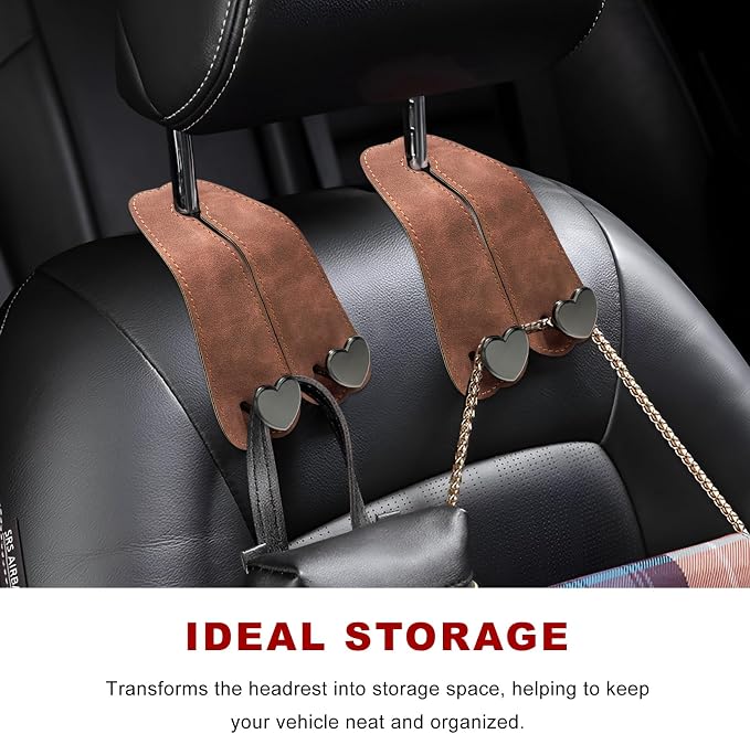 2 PCS Car Seat Headrest Hook, Suede Heart Shape Auto Double Seat Back Purse Storage Hook, Cute Backseat Organizer Universal Bag Holder Most Vehicles, Car Accessories (Brown)