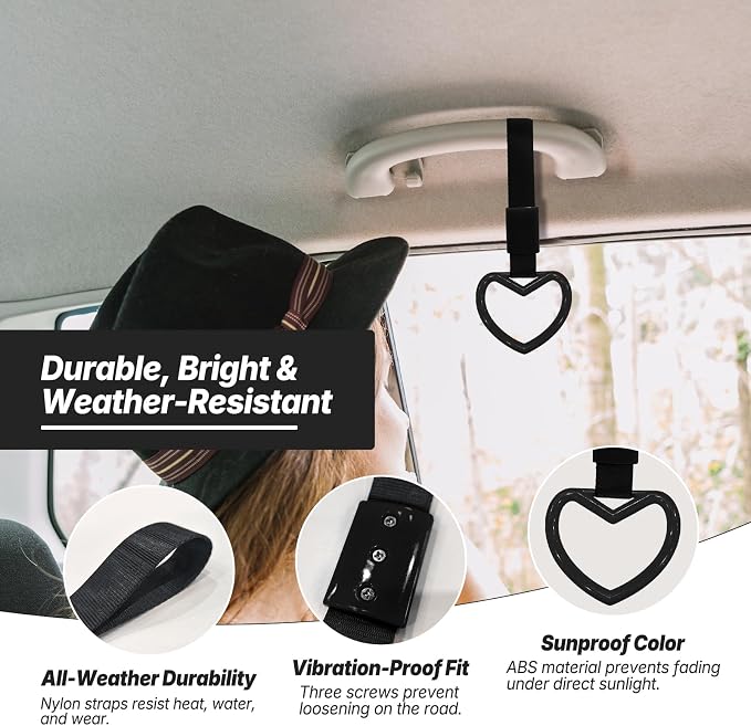 2 Pcs Heart Shaped Car Handle Strap – Drift Charm Rear Bumper Warning Ring Decor for Car Interior Exterior, Subway Bus Handle Accessory, Cute Heart Car Decor Gift for Women & Men (Black)