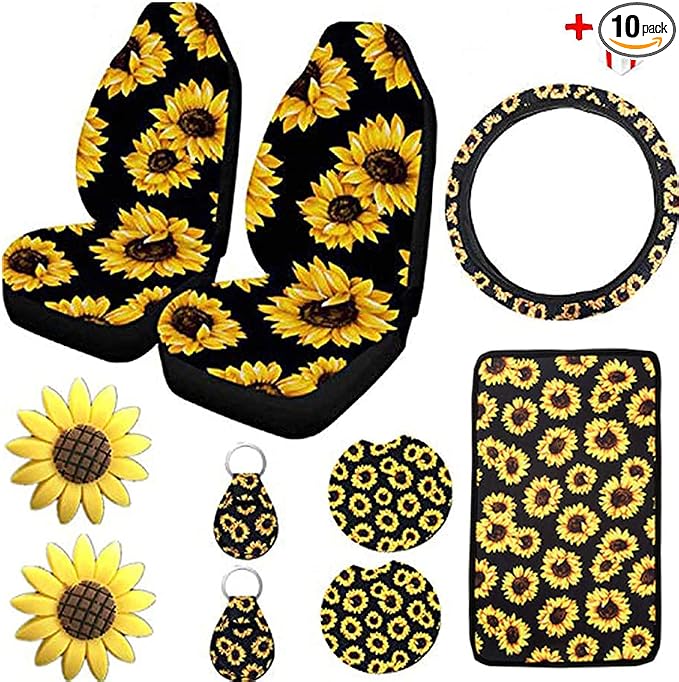 10PCS Sunflower Accessories for Car Wheel Cover,2PCS Front Seat Covers | with Center Pad,Cup Holder Coaster Keyring Car Vent Coaster,Universal for Auto Truck SUV,New Cars Sunflower Gifts for Women