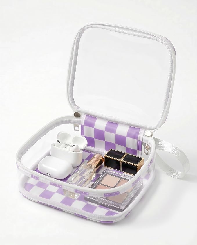 Preppy Cute Makeup Bag Travel Cosmetic Case Transparent Purple and Beige Checkered Toiletry Bag with Strap,Portable Make Up Organizer Traveling Compact Car Accessories for Girls