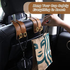 Car Headrest Hooks Universal Car Purse Hook Premium Leather and Alloy Twin Hook Car Seat Back Storage Hanger Hook for Purse Bags Cloth Drink Durable Holder Car Accessories (BH09-Brown-Gold)