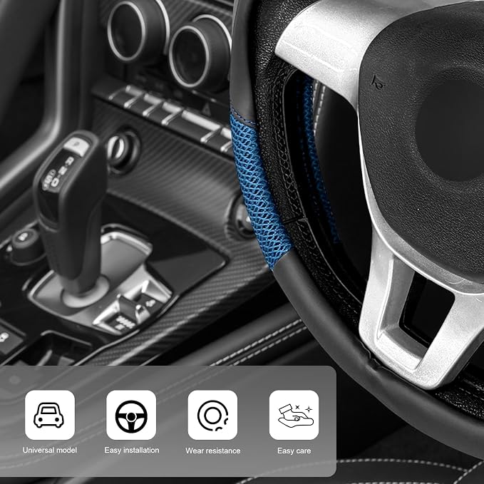 Sun Walker Steering Wheel Cover, 15 inch Breathable Steering Wheel Protector with Anti-Slip Lining, Comfortable Wheel Wrap Cover for Most Vehicles, Universal Car Accessories (Blue)