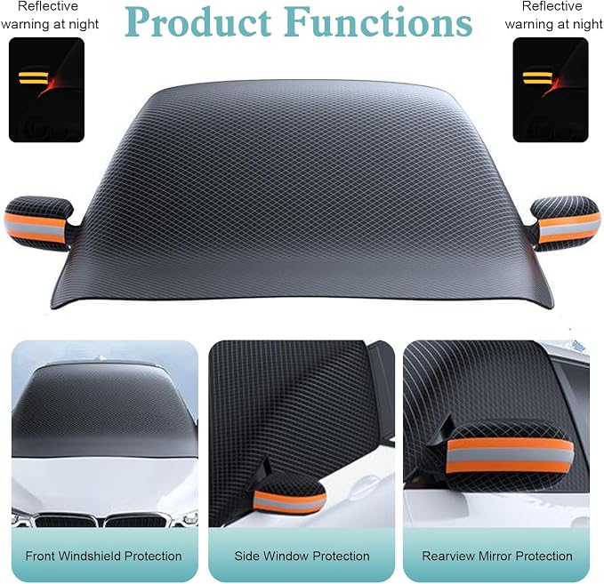 Car Windshield Sun Shade, Thickened 2-in-1 Car Sun Shade & Snow Shield, All-Season Windshield Cover with Reflective Strips and Rearview Mirror Protectors, Universal for Most Cars (Black)