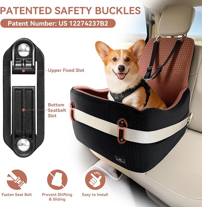 Dog Car Seat for Small/Medium Dogs Up to 35 lbs – Patented Safety System, 5" Memory Foam Pet Booster Car Seat, Fully Detachable and Washable Dog Carseat with 2 Storage Pockets (Black/Brown)